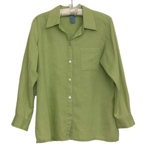Sigrid Olsen So Blue Lime Green 100% Linen Button Down Shirt Petite M Resort